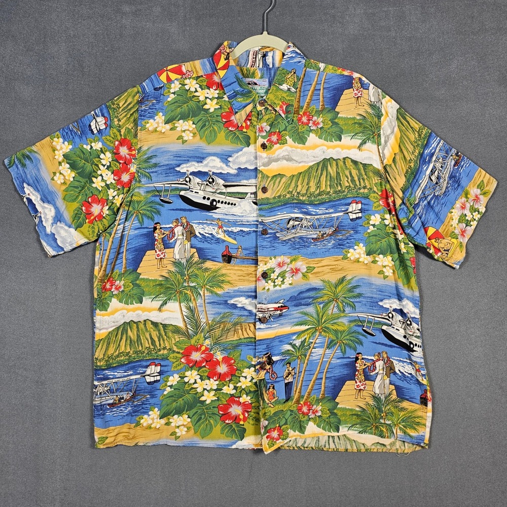 Reyn Spooner Hawaiian Shirt Mens XL Blue Tropical Seaplane Aloha Button Down